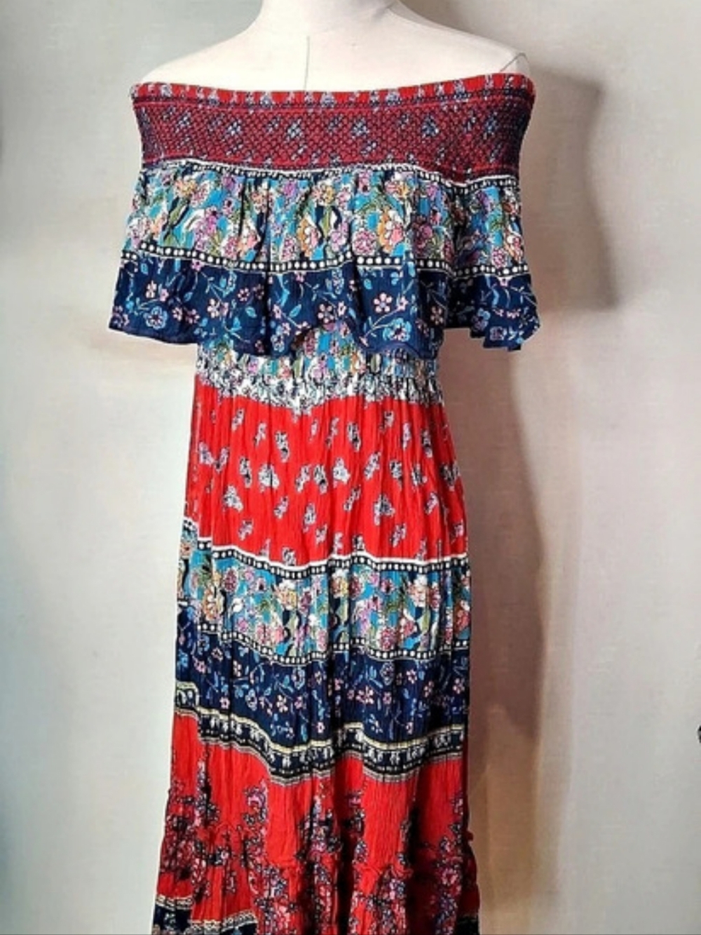 Patrons of Peace Floral Off Shoulder Boho Maxi Dress Size LARGE Like New